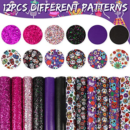 AnyDesign 12Pcs Day of The Dead Halloween Faux Leather Sheets Sugar Skull Skeleton Floral Printed Leather Fabric Sheets Glitter Synthetic Leather for Halloween DIY Craft Earring Hair Bow, 8 x 12