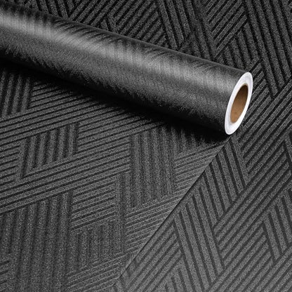 Decotalk Black Textured Wallpaper Peel and Stick Textured Wallpaper for Bedroom Walls Self Adhesive Black Contact Paper Line Geometric Texture Wall Paper 12x120 Inch - size: 12" x 120"