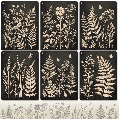 Botanical Wall Stencil Kit for Painting - Large Reusable Plastic Fern, Leaf & Flower Templates, 6 Pack DIY Seamless Stencils for Crafts, Canvas & Home DéCor Art - size: 14.5in x 11in
