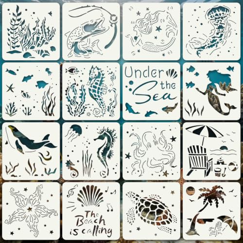 Ocean Stencils for Crafts Reusable 16Pcs Stencils(5.9X5.9 Inch) - color: Ocean