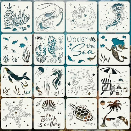 Ocean Stencils for Crafts Reusable 16Pcs Stencils(5.9X5.9 Inch) - color: Ocean