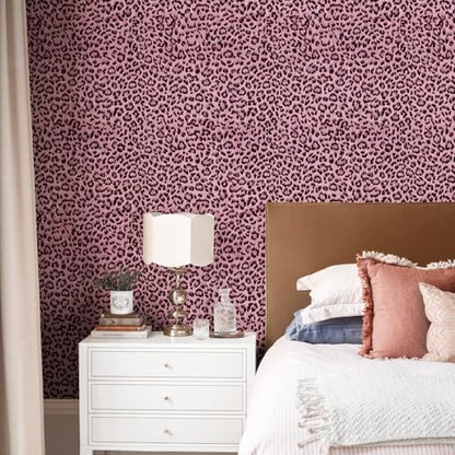 Simon&Siff Leopard Print Peel and Stick Wallpaper 17.3"x400" Black/Pink Removable Wallpaper Renter Friendly Waterproof Contact Paper for Bedroom Bathroom Living Room Cabinet - color: Pink, size: 17.3" x 400"