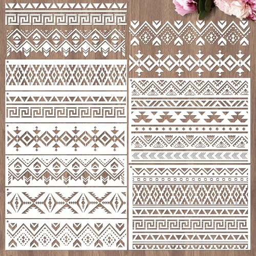 Sistink Reusable Aztec Stencils for Painting - 8 Pcs Tribal Stencils for Crafts Reusable, Boho Corner Stencil for Painting, DIY Aztec Templates on Wood Cabinets Wall Decor - style: aztec