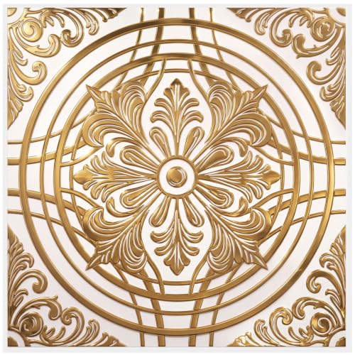 48Pcs 3D Metallic Peel &Stick Wall Tile 8x8, Gold, Cream Gold Relief Floral - color: Gold, style: Cream Gold Relief Floral