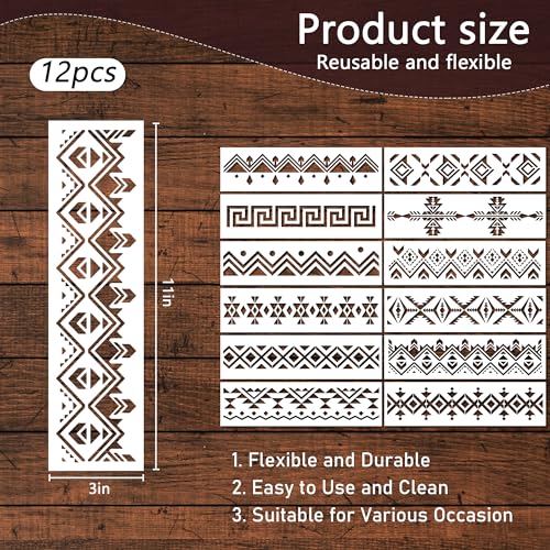 Keluna Aztec Stencils - 12 Pcs Boho Borders Pattern Stencils for DIY Wall & Wood Canvas Painting - style: aztec