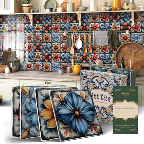 Tile Decals with Vintage Flower Pattern, 6X6IN-12 Pcs - color: Blue Red Orange, size: 6X6IN*12PCS