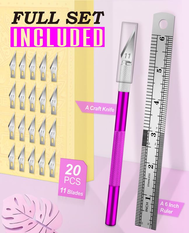 DIYSELF Craft Knife Set with 20 Extra #11 Blades, Aluminum Handle, Ruler - color: Purple-20pcs