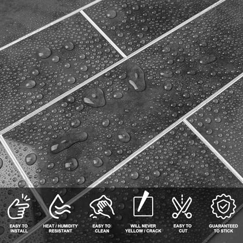 24-Pieces Peel and Stick Tiles for Kitchen Backsplash, New Upgrade Design 12" x 3"SPC Subway Backsplash Tiles, Marble Black Premium Finger Tiles (Dark Grey). - color: Drake Grey, size: 24-sheet