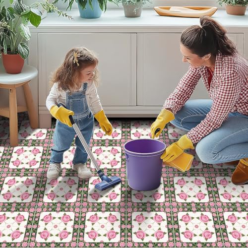 HOMETITUTE Pink Rose Green Border Peel Stick Floor Tile 12x12 Vinyl - color: Pink#1