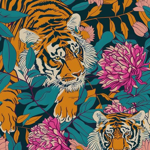 BOKEBEVE Tiger Floral Wallpaper Peel and Stick Vintage Orange 17.5 x 787In - color: Orange/Pink/Blue, size: 17.5" x 787"
