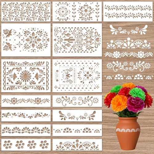 Frienda 15 Pcs Mexican Stencils Talavera Cielito Lindo for Painting - color: Classic Style, size: Flower Vase