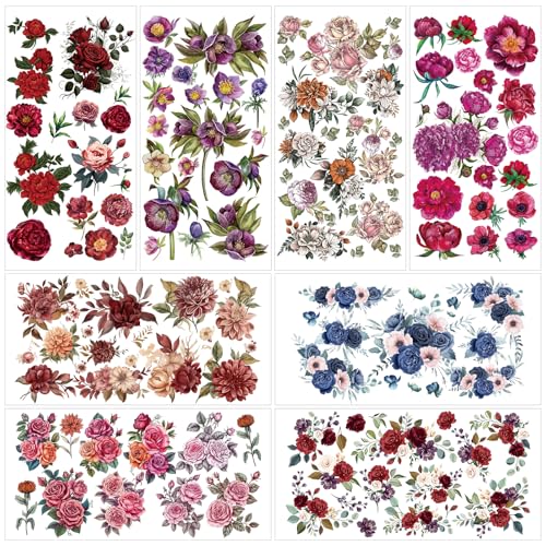 Rngmsi Flower Rub on Transfers for Crafts - 8 Sheets Floral Rub on Transfer Stickers for Furniture Flower Rub on Transfers for Wood Glass Scrapbook DIY Home Decor 11.4x5.9 Inch - style: Dark Flower