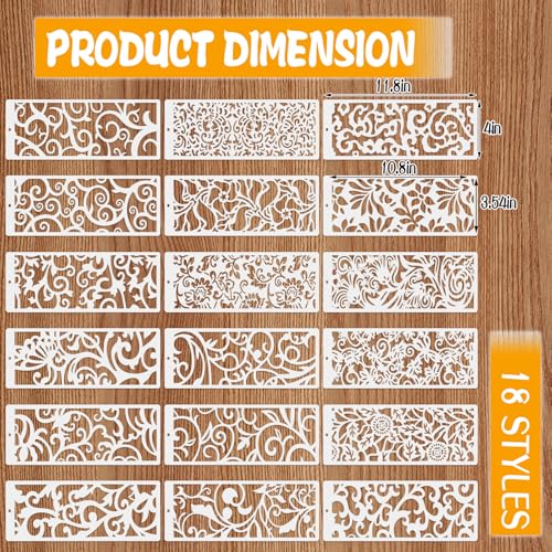 18 Pcs Large Flower Border Stencils for Painting, Reusable Plastic Leaf Cake Decorating Stencils for Baking, Hollowed Floral Edge Painting Templates for DIY Wood Wall Tile Furniture Canvas, 4" x 11.8"