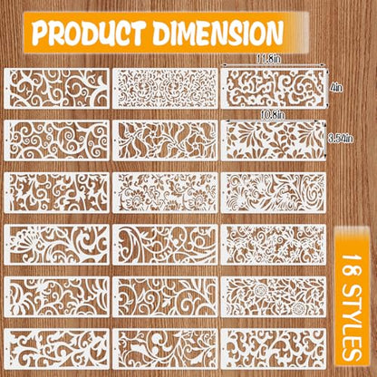 18 Pcs Large Flower Border Stencils for Painting, Reusable Plastic Leaf Cake Decorating Stencils for Baking, Hollowed Floral Edge Painting Templates for DIY Wood Wall Tile Furniture Canvas, 4" x 11.8"