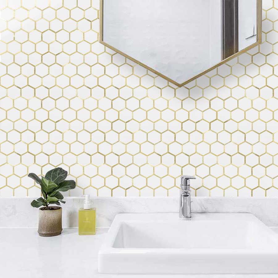 DICOFUN 1 Sheet Hexagon Peel and Stick Backsplash Tile, Polished Marble Look Mixed Light Gold Kitchen Backsplash Peel and Stick Wall Tiles - color: White Tile + Light Gold Metal Frame, size: 1 Sheet, 12''x12''x0.12''