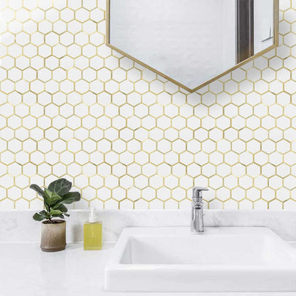 DICOFUN 1 Sheet Hexagon Peel and Stick Backsplash Tile, Polished Marble Look Mixed Light Gold Kitchen Backsplash Peel and Stick Wall Tiles - color: White Tile + Light Gold Metal Frame, size: 1 Sheet, 12''x12''x0.12''