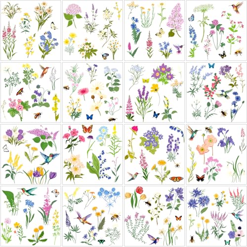 Satinior 16 Sheets Summer Wildflower Rub on Transfers Sticker for Crafts Butterfly Bee Bird Flower Rub on Decals for DIY Furniture Scrapbook Wood Fabric Journal Envelope, 5.9 x 5.9 Inch - style: Wildflower
