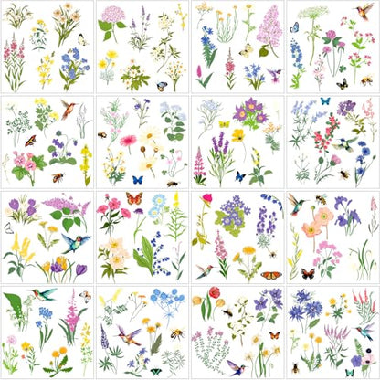 Satinior 16 Sheets Summer Wildflower Rub on Transfers Sticker for Crafts Butterfly Bee Bird Flower Rub on Decals for DIY Furniture Scrapbook Wood Fabric Journal Envelope, 5.9 x 5.9 Inch - style: Wildflower