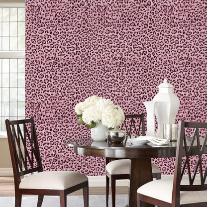 Simon&Siff Leopard Print Peel and Stick Wallpaper 17.3"x400" Black/Pink Removable Wallpaper Renter Friendly Waterproof Contact Paper for Bedroom Bathroom Living Room Cabinet - color: Pink, size: 17.3" x 400"