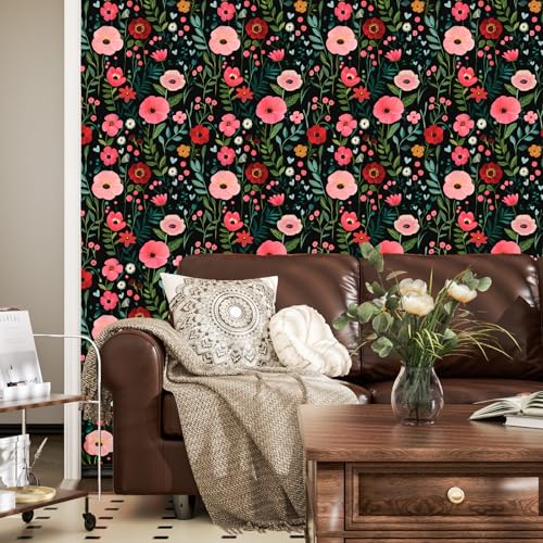 Dark Boho Floral Vinyl Peel and Stick Wallpaper 17.5"x 393" - color: Black, size: 17.5" x 393"