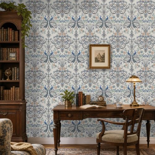 Blue Peacock Damask Peel and Stick Boho Wallpaper 17.5"x 118" - color: Blue, size: 17.5" x 118"