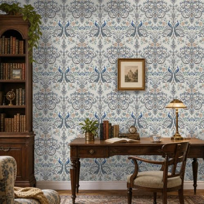 Blue Peacock Damask Peel and Stick Boho Wallpaper 17.5"x 118" - color: Blue, size: 17.5" x 118"