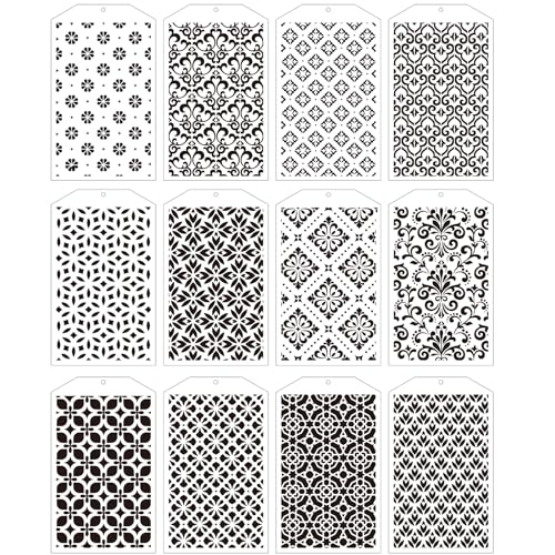 AFRITEE Floral Stencils for Painting - 12 Pcs Damask Floral Geometric Texture Pattern Reusable Crafts Template, DIY Journal Abstract Painting Template, Suitable for Home Floor Wall Decoration Painting - color: Flowers