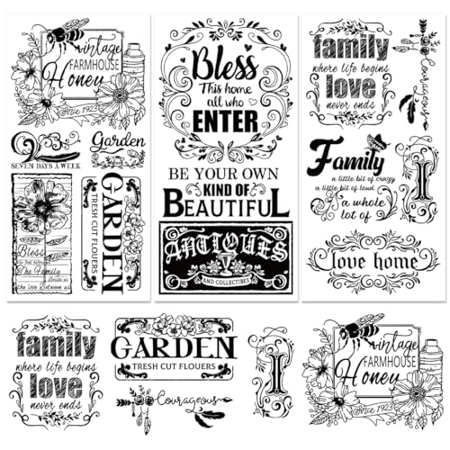 3 Sheet Vintage Word Rub on Transfers for Furniture Crafts Black Warm Vintage Letter Flowers Stickers Transfer Rub on 11.8 Inch* 5.9 Inch for Family Home Garden Office DIY Art Craft Decor - style: French Style 1-Black and White