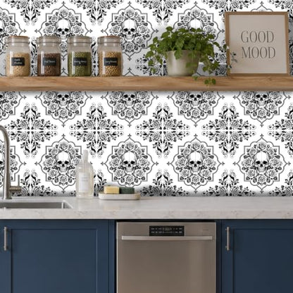 Nuxovilar Peel and Stick Floor Tile 12x12 Inch Vinyl - color: Black & White Gothic
