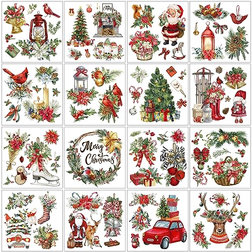 SATINIOR 16 Sheet Christmas Rub on Transfers Sticker for Crafts Cardinal Xmas Tree Santa Poinsettia Snowman Reindeer Holly Berries Rub on Decal for Furniture Scrapbook DIY Wood Fabric, 5.9 x 5.9 Inch - style: Santa