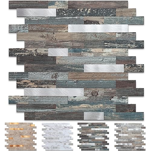 Midcard 10 Sheet Peel and Stick Backsplash Tile, Stick on Tiles for Backsplash Kitchen, Bathroom, Laundry Room, Camper, Fireplace. - color: 20Trapezoidal Dented Wood with Metallic Silver
