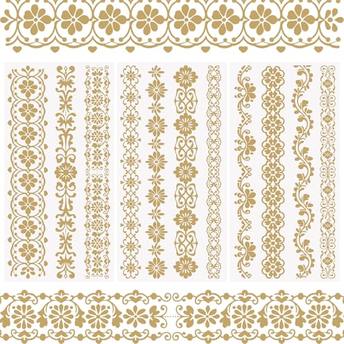 WANDIC 3 Sheets Gold Lace Rub On Transfer Stickers European Retro Scrapbook Stickers Window Decals Waterproof Decals Cup Wraps for DIY Furniture Photo Albums,15 * 30cm - color: Gold Retro Pattern 3
