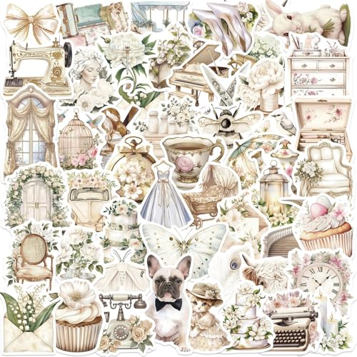 50pcs Cute White Aesthetic Stickers Cute Vinyl Laptop Decals, Waterproof White Renaissance Aesthetic Stickers, Pack for Girls Water Bottles Laptop Computer Phone Guitar - color: White