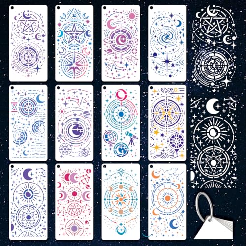 12 Sheets Astrological Chart Stencil for Painting, Star Sign Drawing Stencil Astrology Stencils Tarot Room Reusable Art Stencils Template for Painting on Wall Wood Home Decor - style: Full of Star