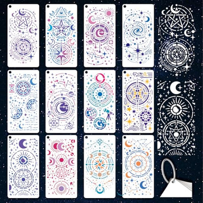 12 Sheets Astrological Chart Stencil for Painting, Star Sign Drawing Stencil Astrology Stencils Tarot Room Reusable Art Stencils Template for Painting on Wall Wood Home Decor - style: Full of Star