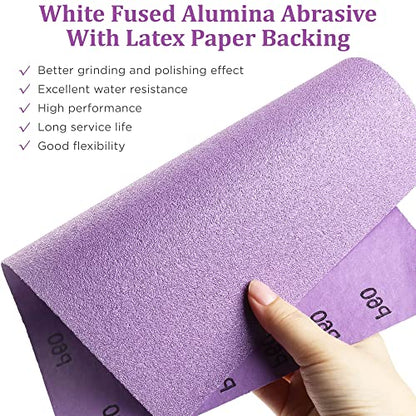 LotFancy 60 to 2000 Grit Sandpaper Assortment, 30PCS 9 x 11” White Fused Alumina Wet Dry Sanding Sheets, for Automotive Metal Sanding Polishing, Wood Finishing, Purple - size: Assorted Grit