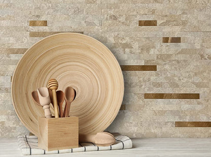 AULIGET 20 Sheets Faux Stone Peel and Stick Backsplash, Beige Marble Look PVC Wall Tiles Stick on Backsplash for Kitchen - color: Stone Beige + Metal Copper, size: 20 Sheets, 6"x12"x0.12"