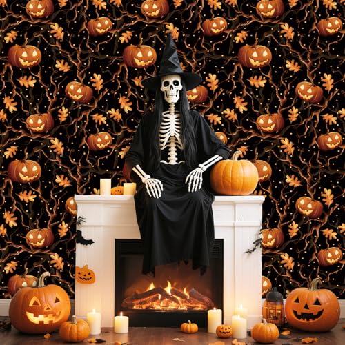 HLNIUC Halloween Spooky Horror Pumpkin Wallpaper Self Adhesive(17.3”x118”) - color: Hallwoween