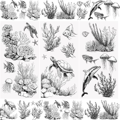 WANDIC 3 Sheets Rub on Transfer Stickers, Turtle Jellyfish Whale Stickers Waterproof Furniture Decals for DIY Crafts Home Decoration,15 * 30cm - color: Marine Animal