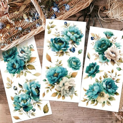 OLYCRAFT 3Pcs/Set Blue Green Flower Rub on Transfers for Furniture and Craft 6x12 Inch Peony Furniture Decal Transfer Sticker Rub on Decal with 1pc Scraper for Scrapbook Window Home Decoration - style: Blue Green Flower