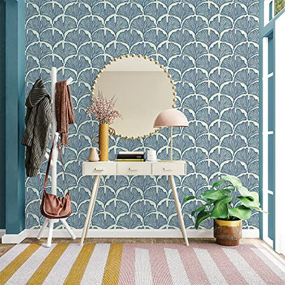Tempaper x Novogratz Waverly Blue Feather Palm Removable Peel and Stick Wallpaper, 20.5 in X 9 ft, Made in The USA - color: Waverly Blue, size: 20.5" x 108"