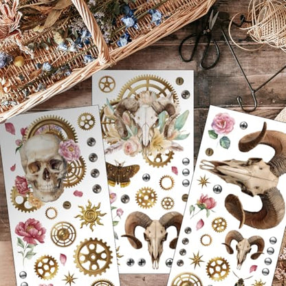 OLYCRAFT 3Pcs Retro Skull Rub on Transfers for Furniture and Crafts 6x12 Inch Sheep Skull Furniture Decals Decor Gears Transfer Stickers with 1pc Scraper for Glass Cups Cabinets DIY Home Decor - style: Skull