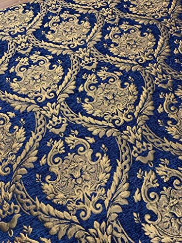 Damask Tapestry Chenille Fabric - Upholstery Fabric, 60" Width - Sold by The Yard (Dark Blue/Gold) - color: Dark Blue/Gold