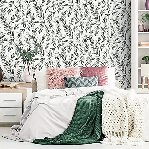 Livebor Green Leaf Wallpaper Peel and Stick Olive Wallpaper17.7” x 118.1” - color: A-Green, size: 17.7" x 118.1"