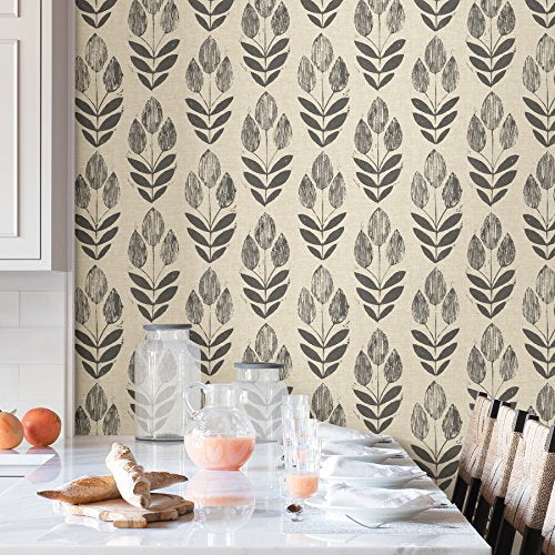 NuWallpaper Folk Tulip Peel and Stick Wallpaper, Neutral, Textured Removable Wallpaper, 20.5 in x 18 ft - color: Neutral