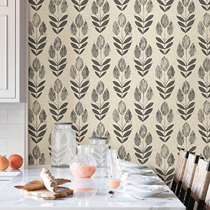 NuWallpaper Folk Tulip Peel and Stick Wallpaper, Neutral, Textured Removable Wallpaper, 20.5 in x 18 ft - color: Neutral