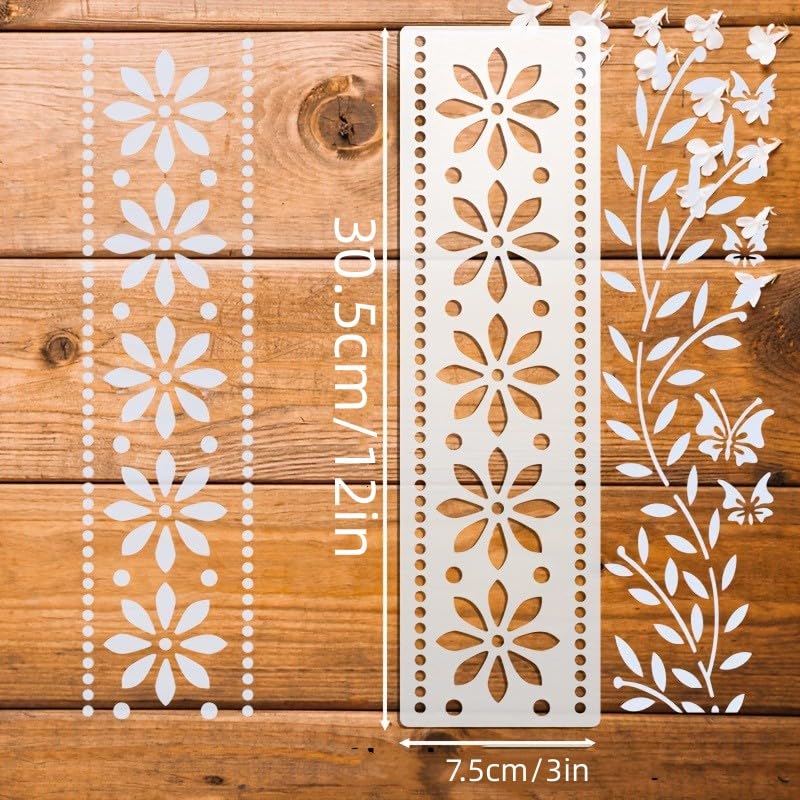 8PCS Border Stencil Floral Craft Paint Template Reusable Plastic Templates 3 * 12inch Flower Vines Stencils Painting on Wood Furniture Wall Canvas Floor