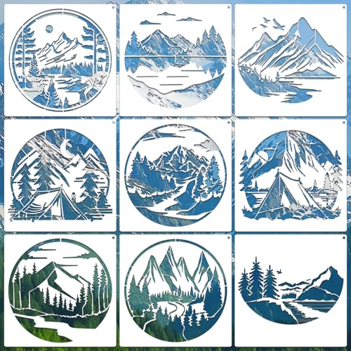 Mountain Stencils for Crafts Reusable 9Pcs Stencils(8X8 Inch) - color: Mountain
