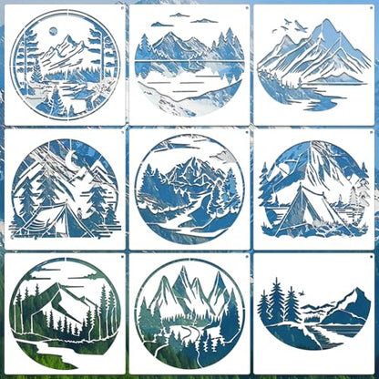 Mountain Stencils for Crafts Reusable 9Pcs Stencils(8X8 Inch) - color: Mountain
