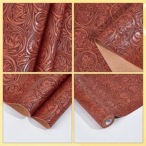 11.8 x 53.9 Inch Brown Floral Embossed Texture Leather Fabric